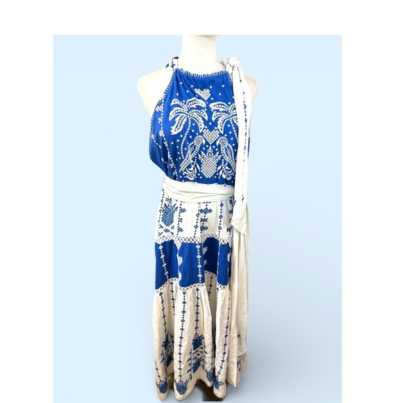 Farm Rio NWT SZXL The Jungle Scarf Blue White Embroidered Halter Maxi Dress Belt - Picture 5 of 16